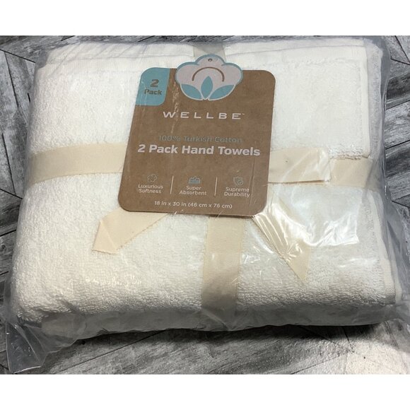 2 Pack Wellbe Hand Towels 100% Turkish Cotton 18"x30"  White - Picture 1 of 4